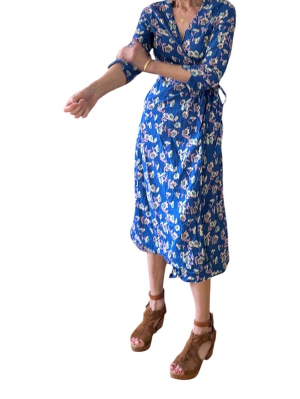 Hippie Love - blue floral wrap around dress with pockets Sz S/M